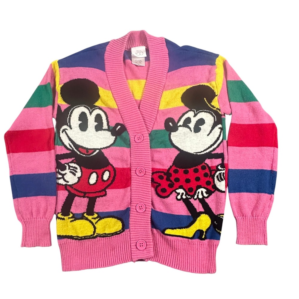 Disney 100 Girls Pink Striped Mickey Minnie Mouse‎ Sweater Cardigan XS 4T 5